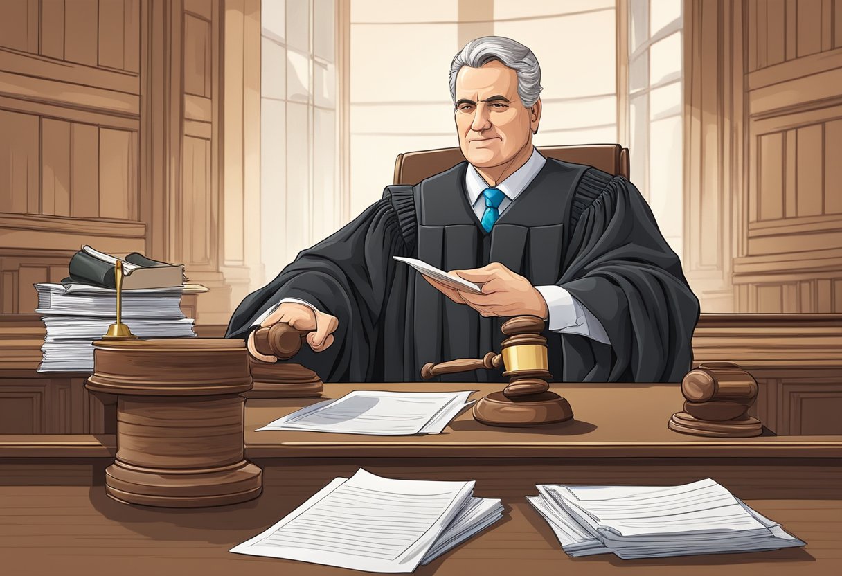 A judge in a courtroom, holding a gavel, with a stack of papers and a scale of justice on the desk